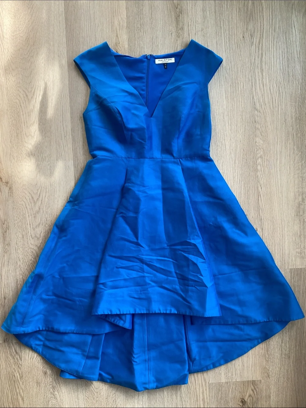 Halston Heritage Cobalt Blue Cotton/Silk Blend High-Low Fit-and-Flare Dress - Picture 2 of 11